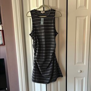 LOFT Black & White Striped Sleeveless Dress with Side Ruching